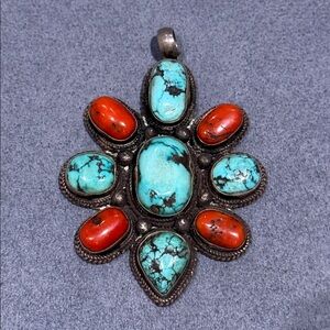 Sterling Silver Turquoise and Red Coral Stone Pendant